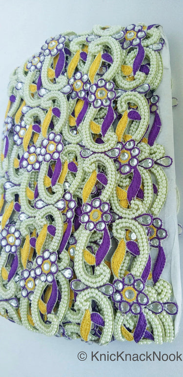 Floral Embroidered Cutwork Trim, Yellow Embroidery, Beaded Floral Trim